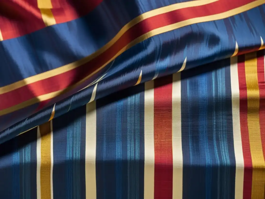 Textil de seda tejido a mano con la técnica asiática Ikat, patrones difuminados en indigo, carmesí y oro, capturando su artesanía única