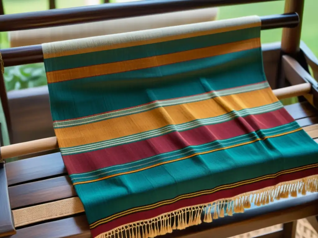 Textil tejido con patrones culturales y colores vibrantes en un telar de madera, resaltando la importancia de patrones culturales en conflictos