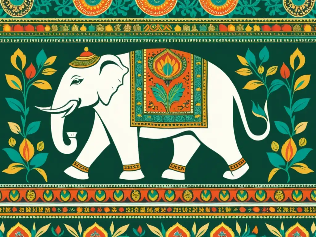 Textil tradicional de la India con símbolos de elefantes, pavos reales y tigres