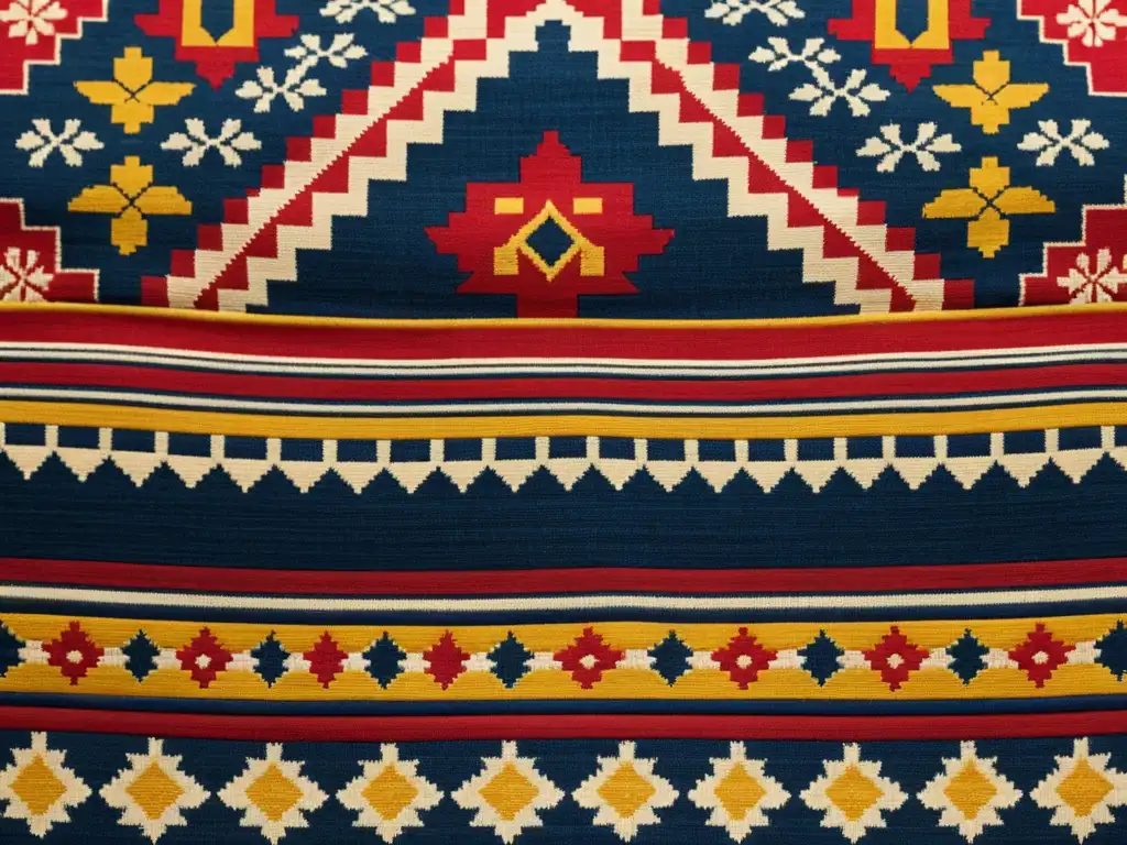 Textil tradicional con patrones vibrantes en rojo, azul y amarillo