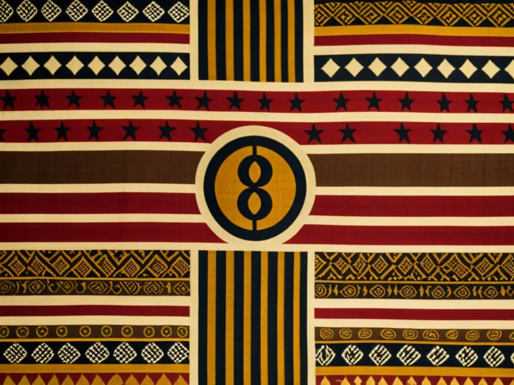 Textil tradicional ghanés con símbolos Adinkra en tonos tierra, historia y artesanía