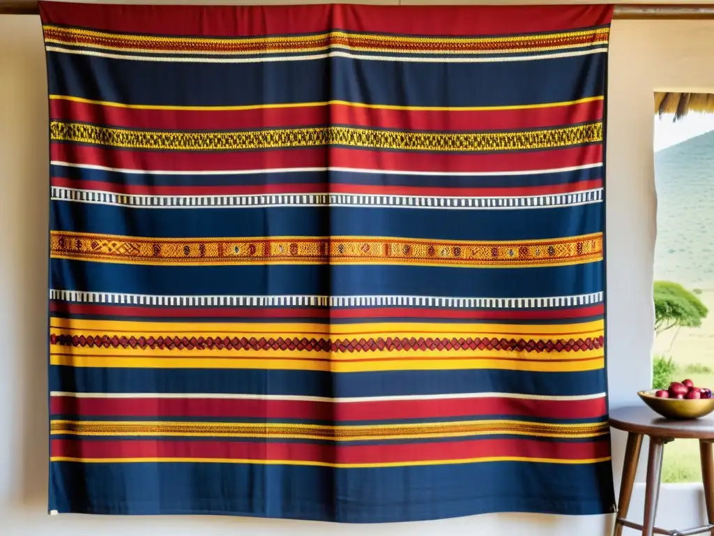 Textil tribal Masai con patrones geométricos y tonos terrosos, reflejando la evolución de los patrones Masai en una hermosa obra artesanal