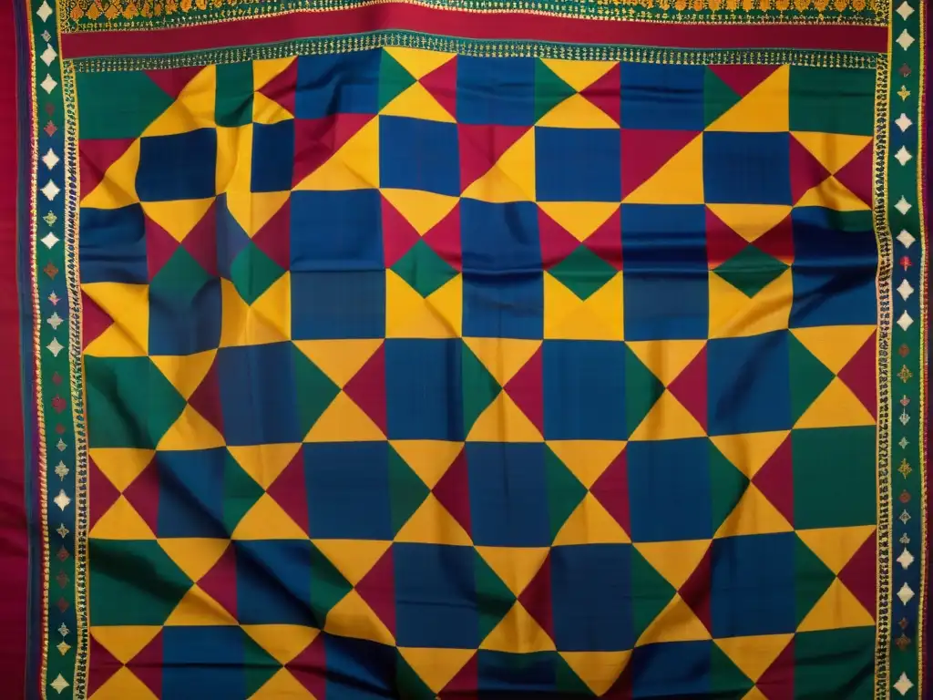 Textil Patola vibrante de Gujarat, India, con patrones geométricos en colores joya y geometría sagrada en tejidos Gujarat