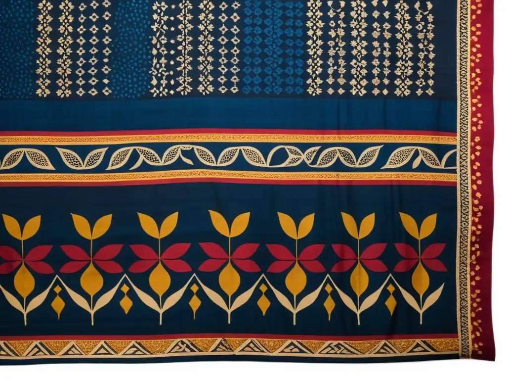 Textil vintage batik con motivos javaneses Textil vintage batik con patrones tradicionales javaneses en indigo, rojo y dorado, evocando arte y cultura del mercado de patrones batik