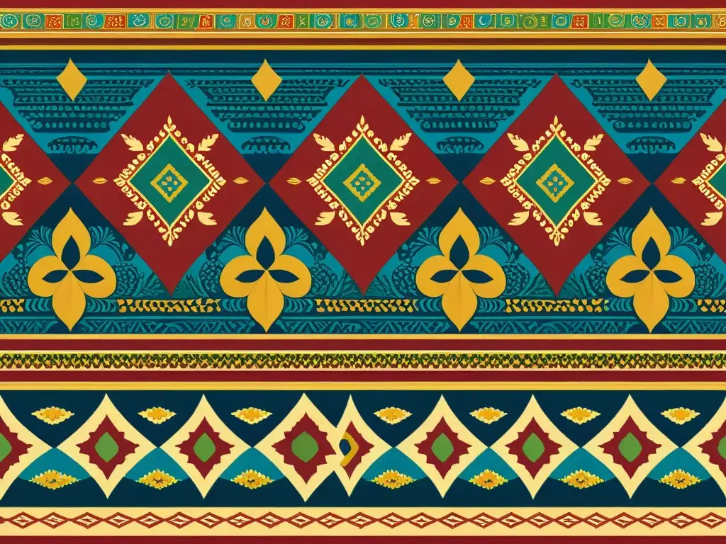Patrón textil vintage detallado con colores vibrantes