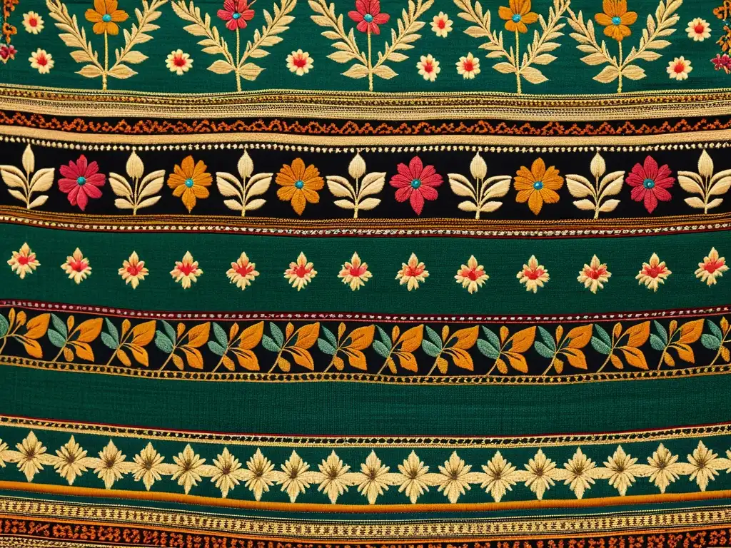 Textil vintage indio con patrones florales intrincados y colores vibrantes, evocando el significado de las flores en la cultura india