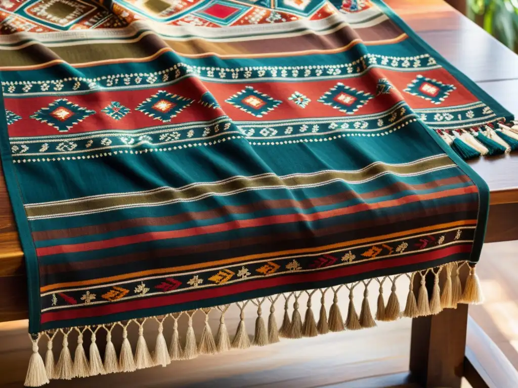 Textil vintage con patrones artísticos culturales globales en tonos terrosos, detalle preciso y rica simbología, sobre mesa de madera