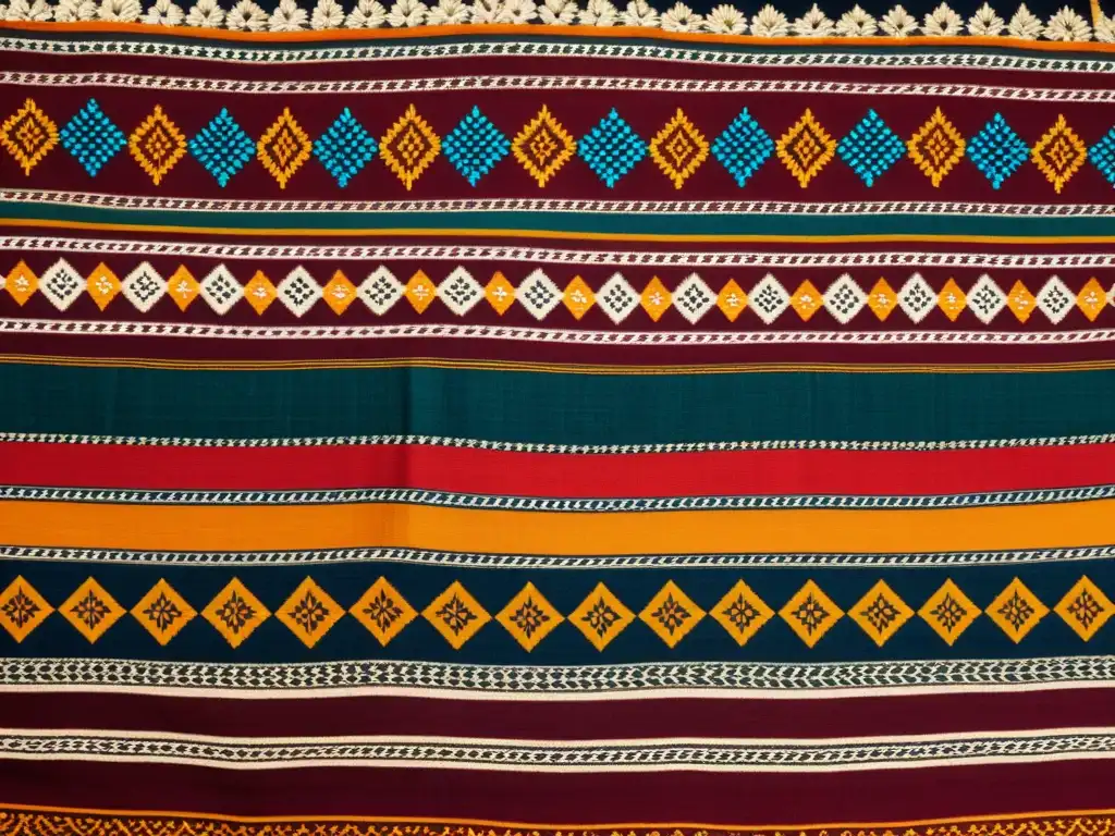 Textil vintage con patrones étnicos auténticos en tonos tierra, reflejando herencia cultural y artesanía