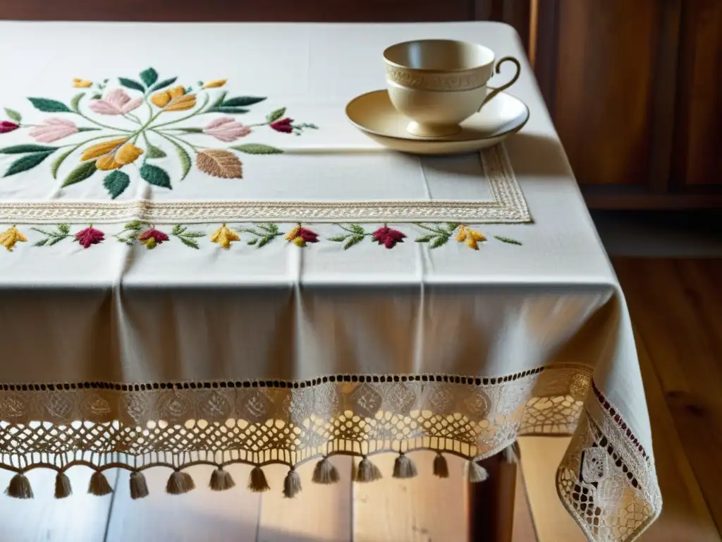 Textiles de mesa con historia: Detalle de un mantel antiguo bordado con patrones florales en tonos terrosos, sobre una mesa de madera vintage