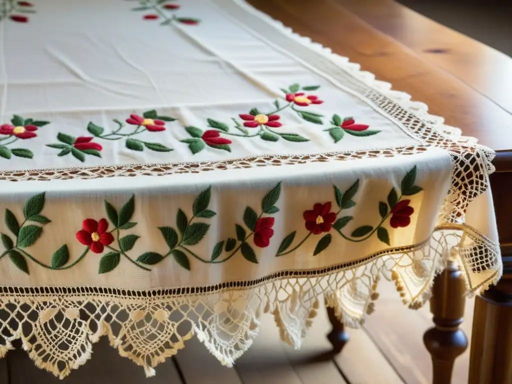 Textiles de mesa con historia: Detalle de un antiguo mantel bordado con patrones florales, sobre una mesa rústica iluminada por luz natural