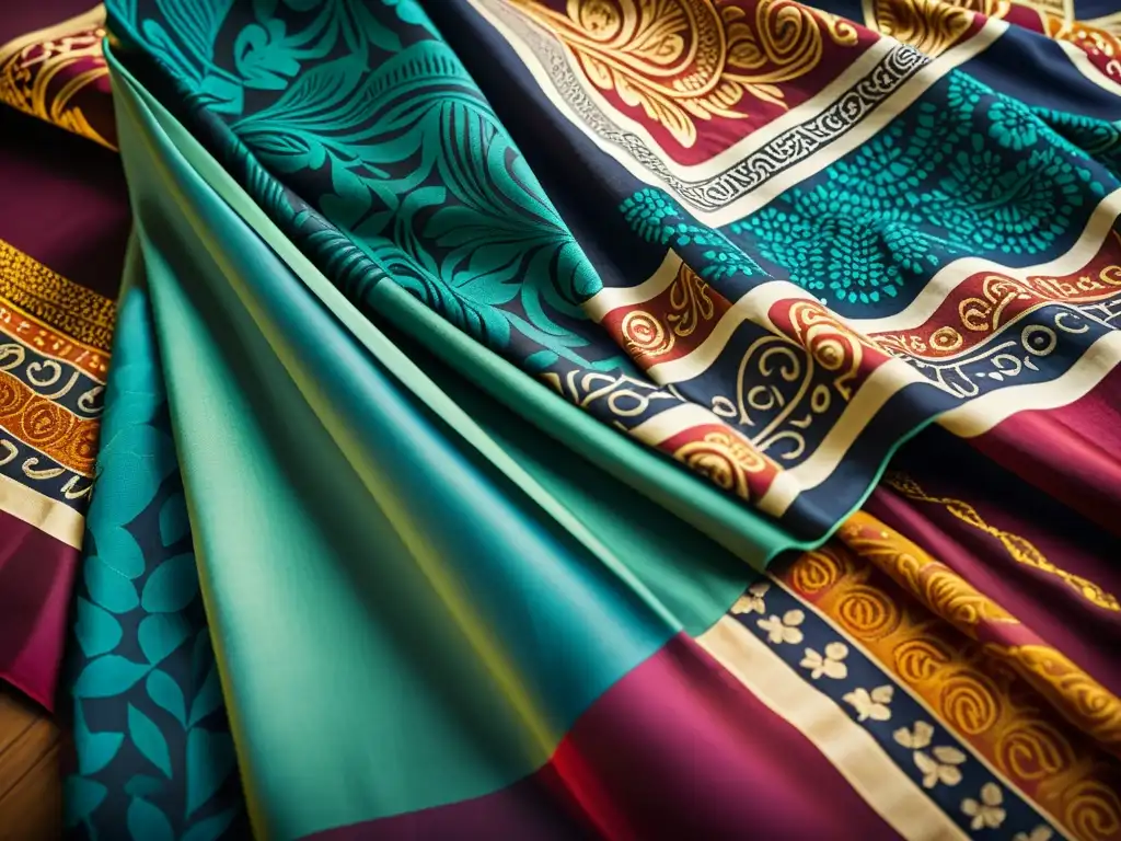 Batik tradicional de Indonesia: Patrones vibrantes y textura única Textura detallada de tela batik indonesia, con patrones vibrantes y colores, evocando tradición y evolución en moda y publicidad