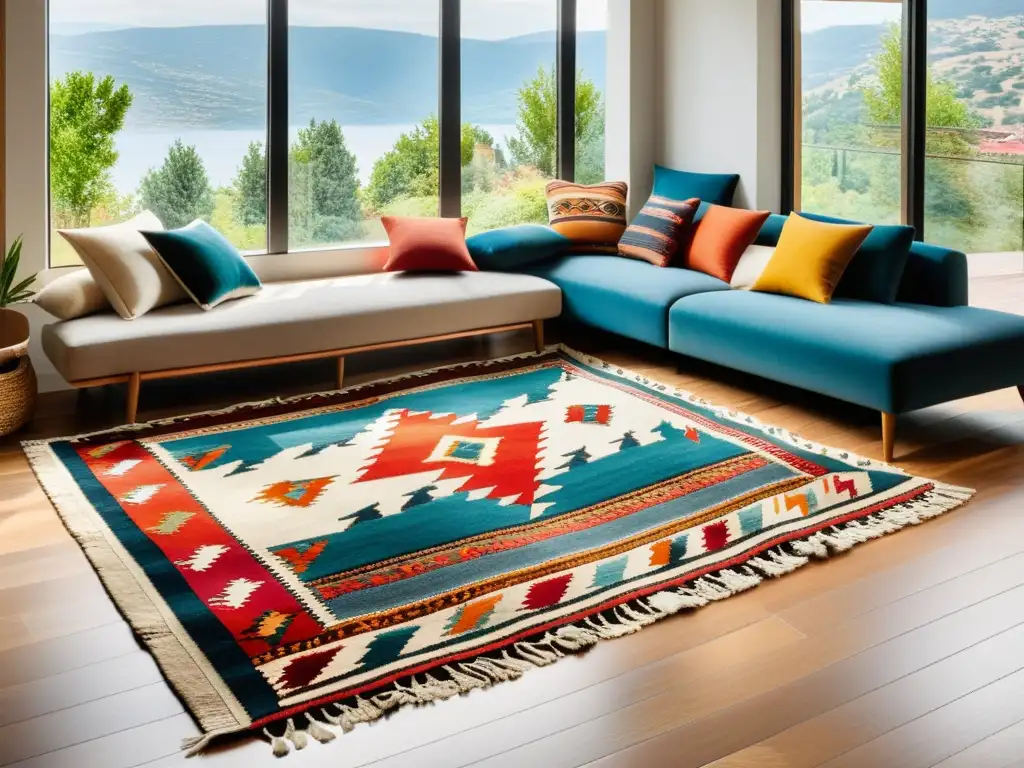 Texturas turcas en diseño moderno: Sala de estar contemporánea con kilims turcos en tonos vibrantes sobre suelos de madera