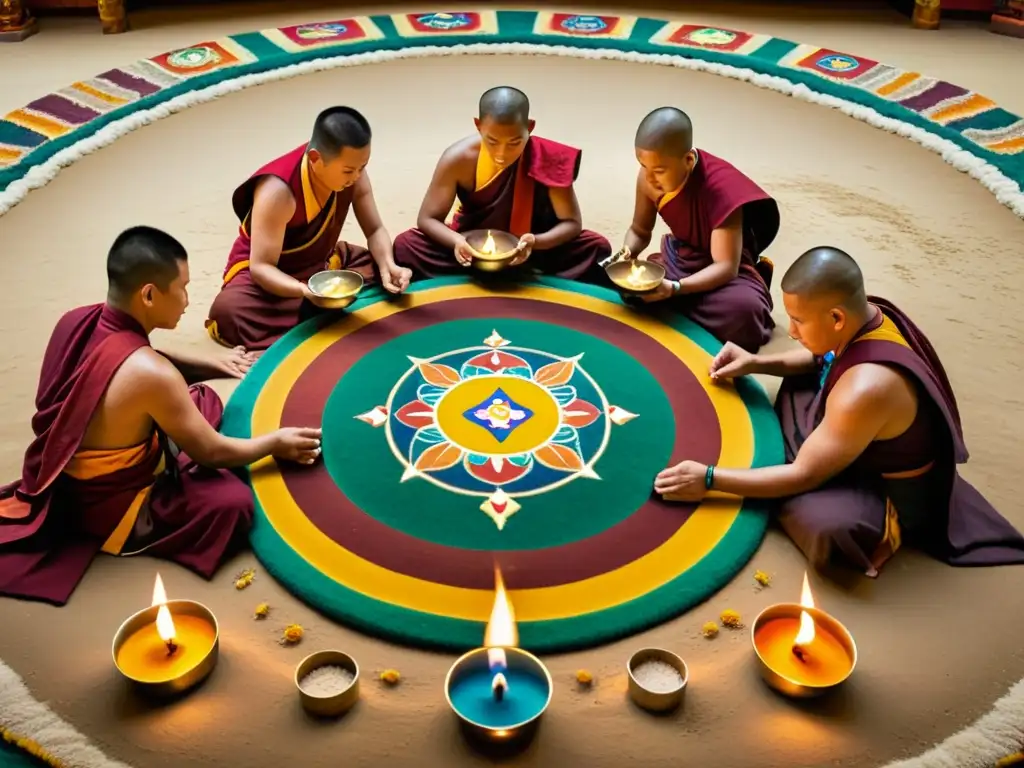 Tibetanos creando mandala de arena, rodeados de velas y tapices coloridos