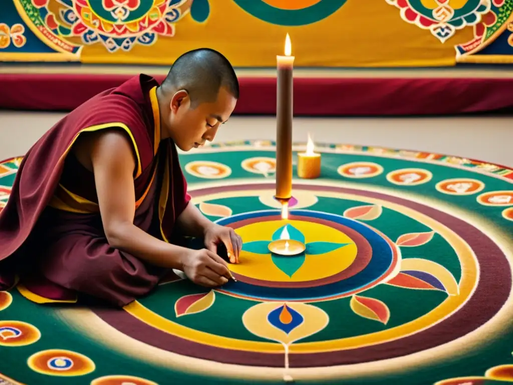 Tibetanos creando un mandala de arena con significado espiritual en monasterio, rodeados de ornamentos y luz de velas