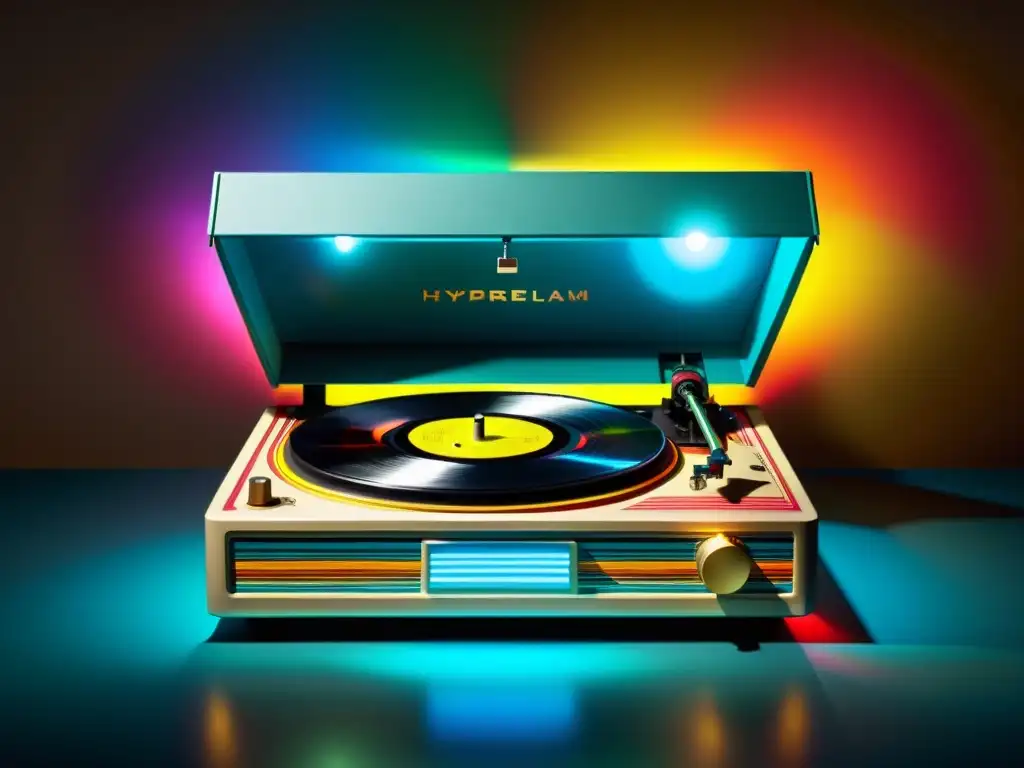 Un tocadiscos vintage con un disco de vinilo girando, creando patrones musicales visuales sincronizados con luces y formas retro