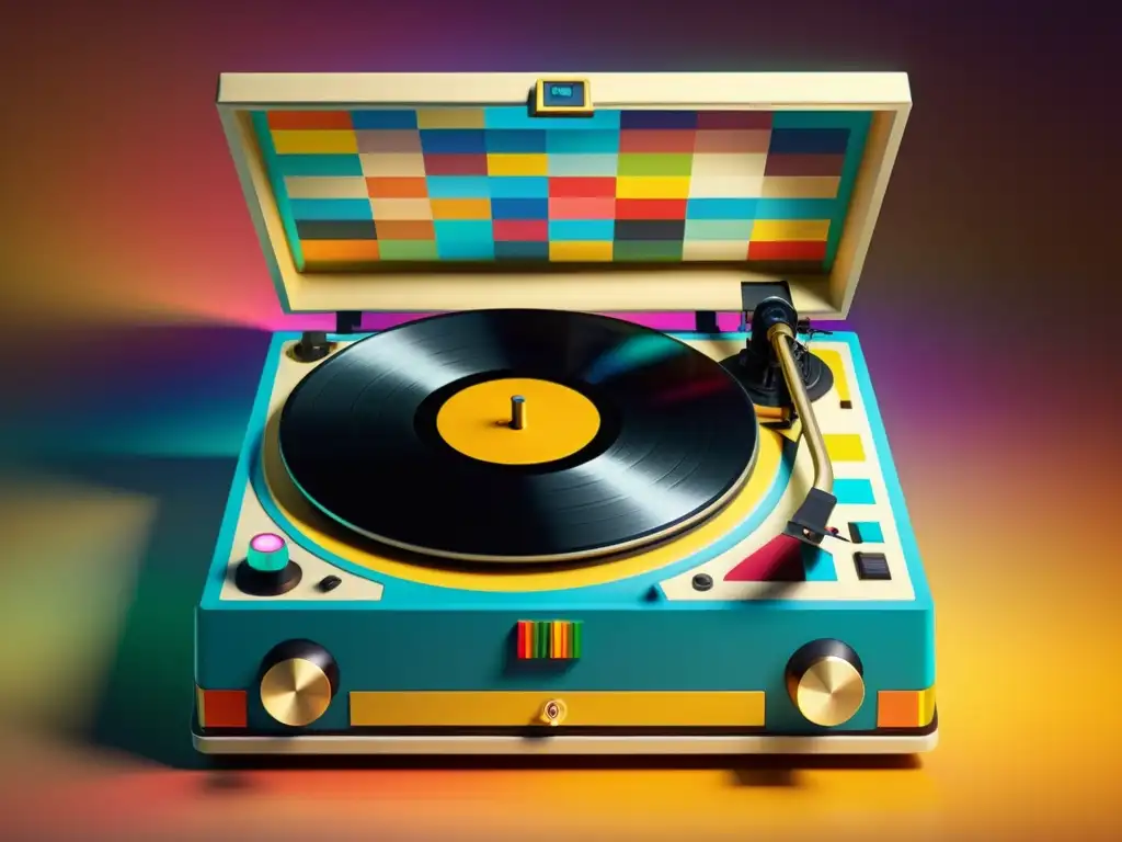 Un tocadiscos vintage con diseño de mosaico, patrón hipnótico en el vinilo y cálido resplandor nostálgico