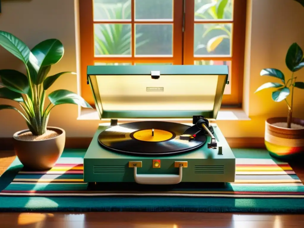 Un tocadiscos vintage rodeado de discos de vinilo coloridos, bañado por la cálida luz del sol