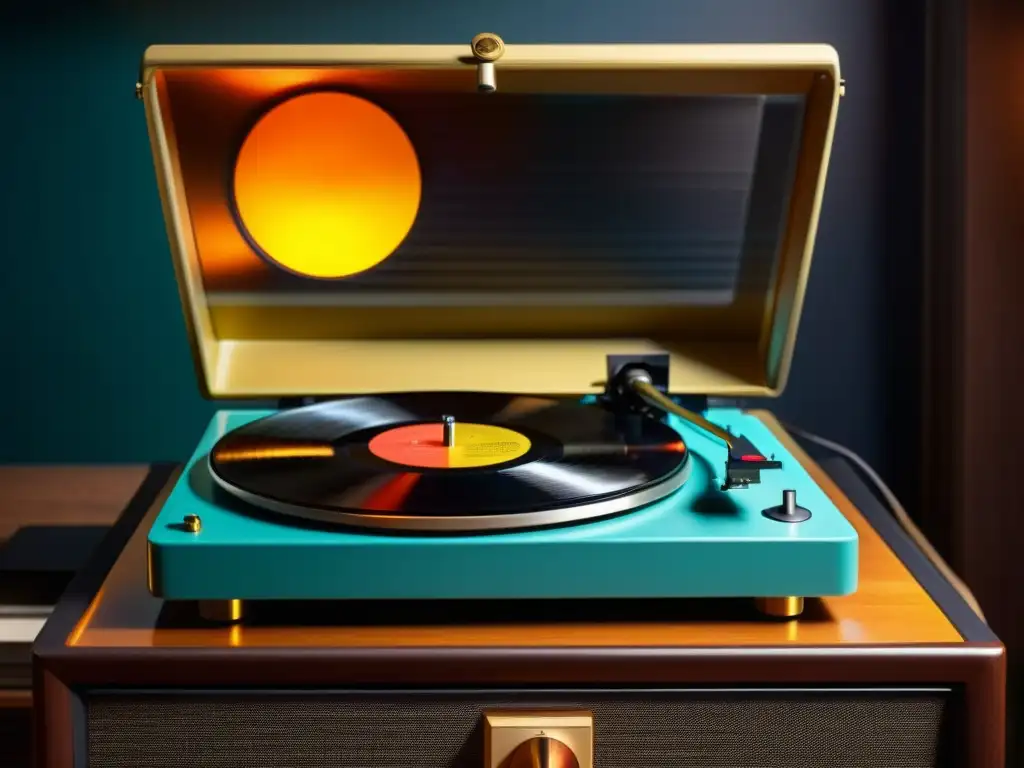 Un tocadiscos vintage con un vinilo colorido girando, iluminando una habitación cálida y nostálgica llena de muebles retro e instrumentos musicales