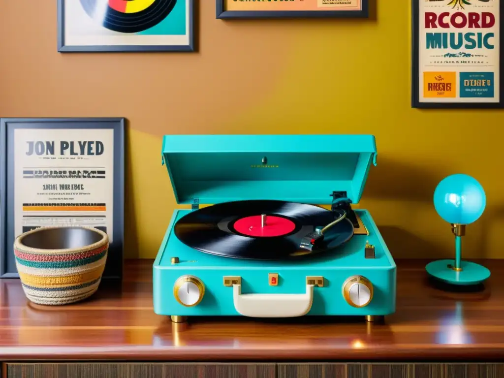 Un tocadiscos vintage con un vinilo de diseño colorido girando, rodeado de pósters de música retro y boletos de conciertos