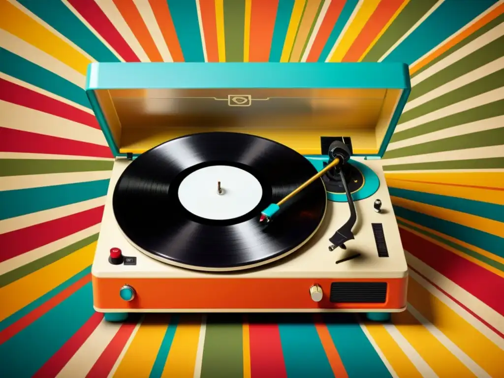 Un tocadiscos vintage con un vinilo estilizado y un fondo de papel tapiz retro con notas musicales y colores vibrantes