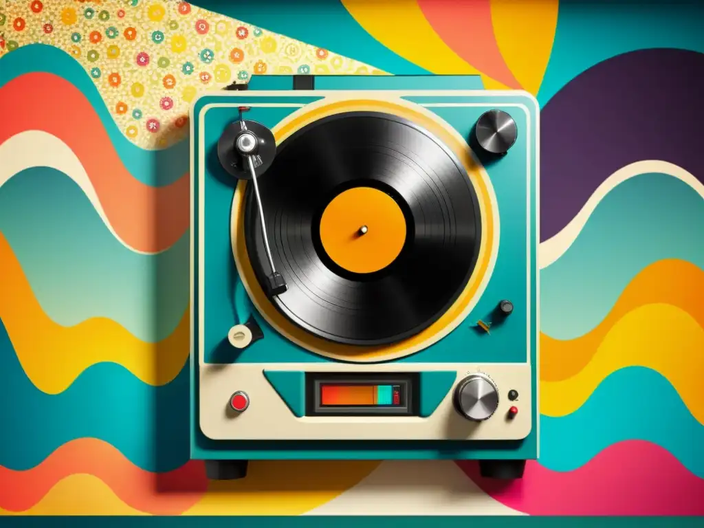 Un tocadiscos vintage con un vinilo girando, rodeado de ondas de sonido abstractas y patrones geométricos en tonos retro