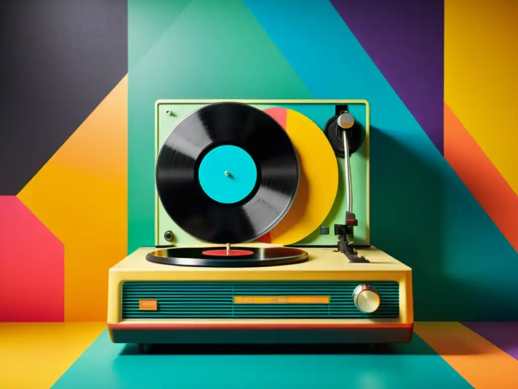 Un tocadiscos vintage con vinilos coloridos, en un ambiente retro iluminado por luz cálida, capturando la esencia de una era pasada