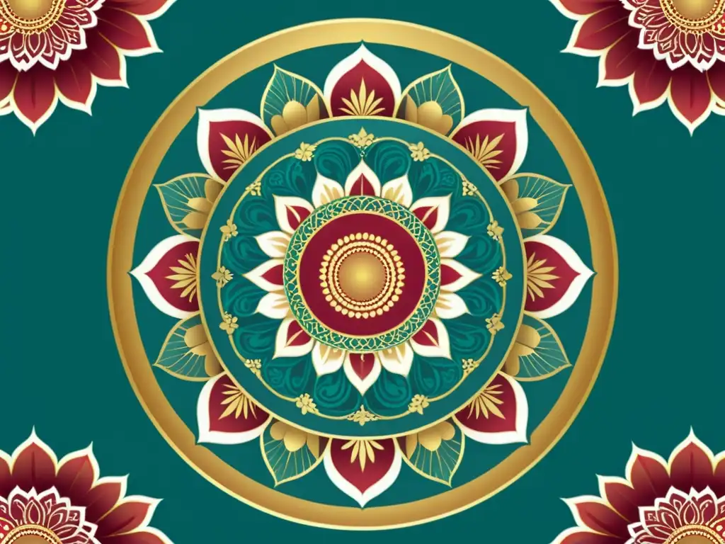 Una mandala ornamental en tonos de oro, carmesí y verde, con patrones sagrados galerías renombre