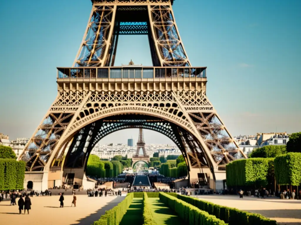 Una fotografía sepia de la Torre Eiffel en la Belle Époque, con su intrincada estructura de hierro destacando en una bulliciosa calle parisina