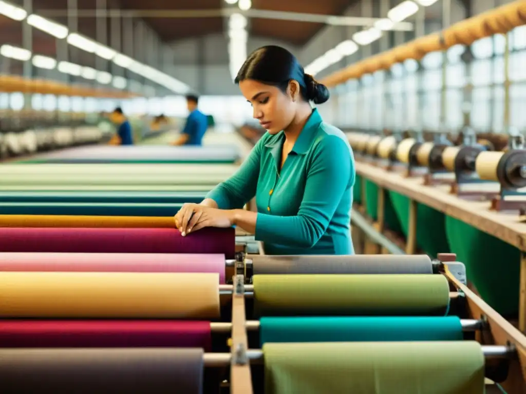 Trabajador textil inspeccionando tejido en fábrica de América Latina, evocando innovaciones contemporáneas en la industria de tejidos