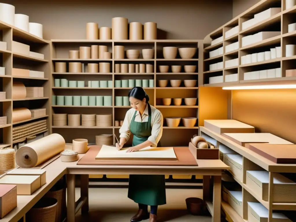 Trabajadores crean diseños de papel intrincados en una antigua fábrica, rodeados de estacionería vintage