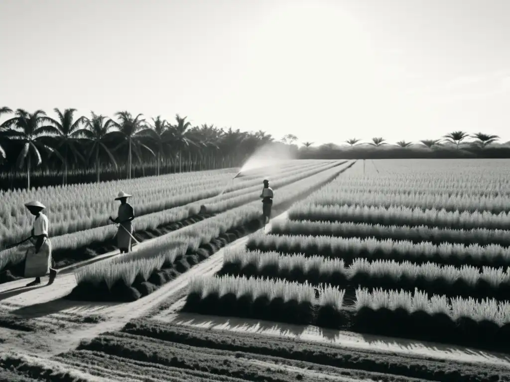 Trabajadores cosechando sisal en una plantación africana, bajo el sol