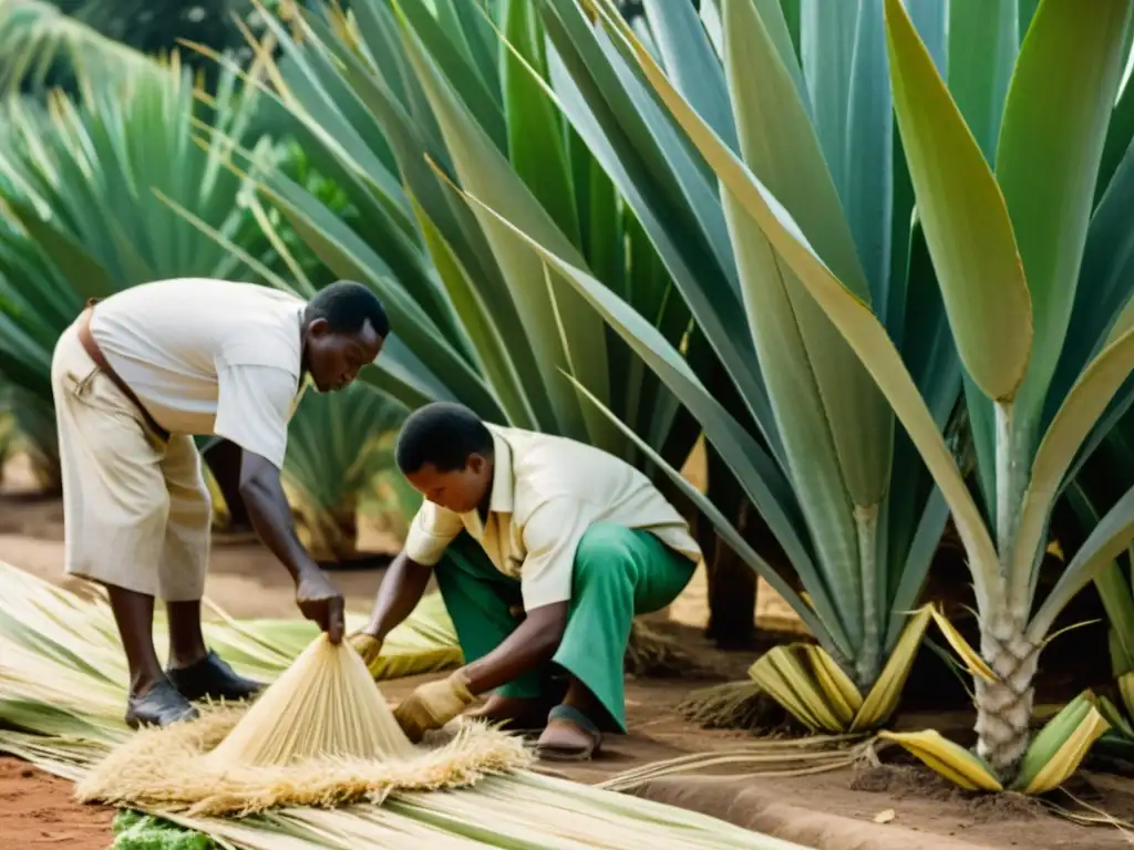 Trabajadores en África extrayendo sisal, mostrando la autenticidad del tejido de sisal en África en medio de exuberante vegetación