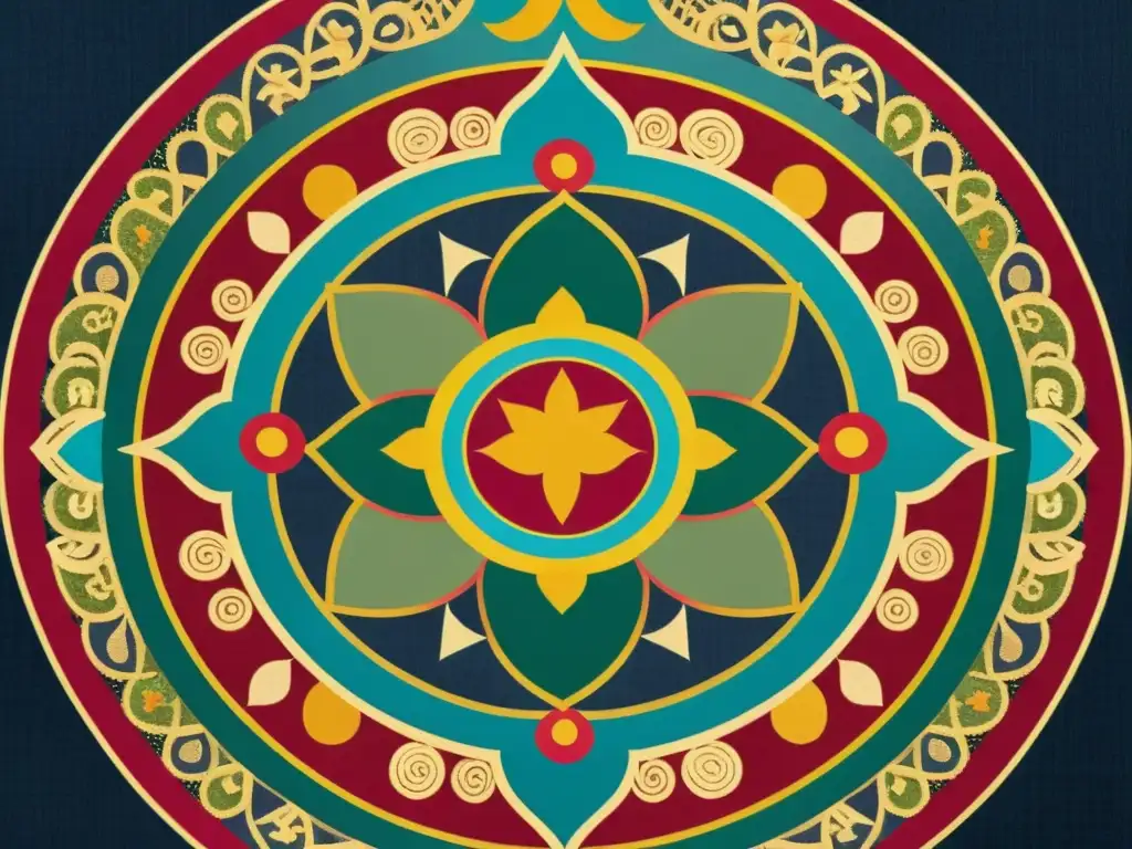 Una mandala tibetana tradicional de colores vibrantes y patrones geométricos detallados, rodeada de símbolos espirituales