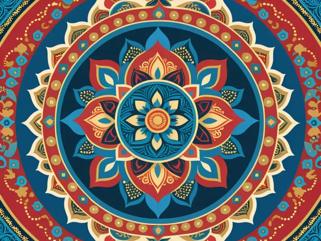 Mandala vintage: Patrones geométricos y colores vibrantes Un mandala tradicional con patrones artísticos culturas diseño productos en colores vibrantes y detalles ornamentales, simbolizando la interconexión cultural y la belleza universal