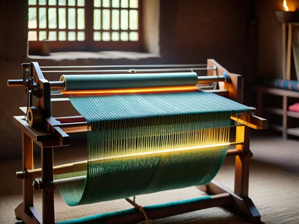 Tradicional telar con patrones textiles en ambiente cálido y nostálgico