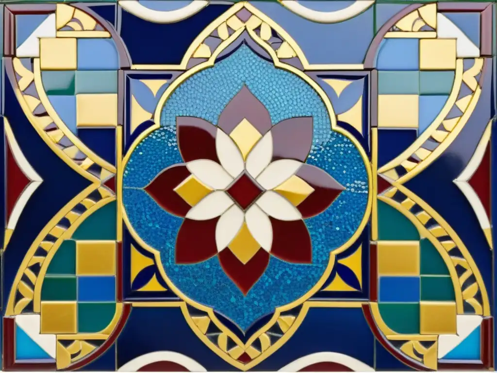 Una traducción digital de mosaicos árabes, con patrones geométricos en azules, rojos y dorados, evocando belleza y significado cultural