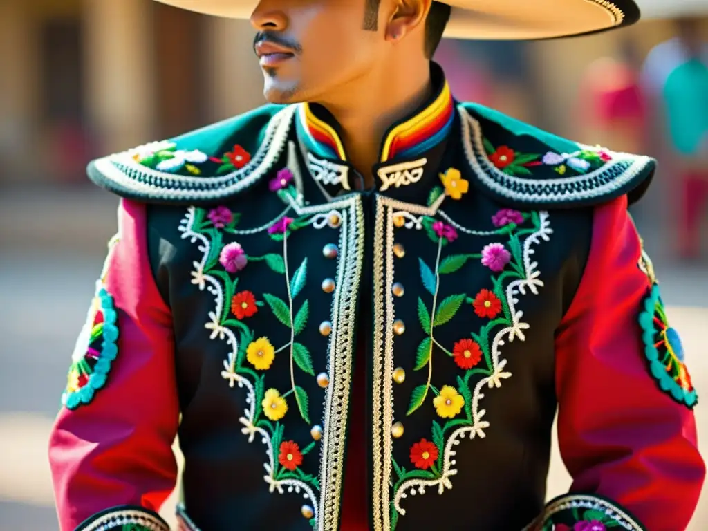 Un traje de charro tradicional detallado y colorido, con patrones elaborados que simbolizan la rica herencia cultural