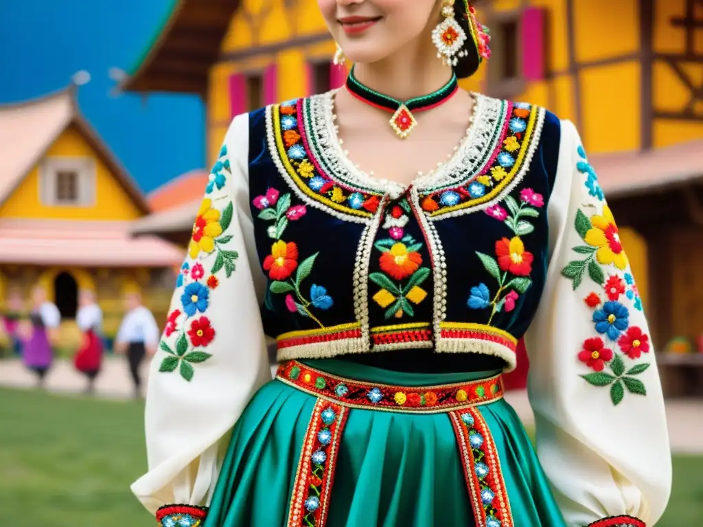 Traje folclórico de Europa del Este con diseños entrelazados y danzas folclóricas, capturando la energía y colorido de la tradición