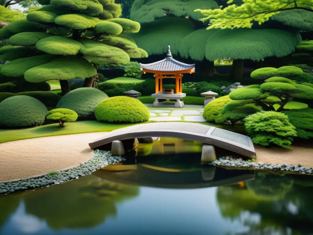 Tranquilo jardín japonés con patrones de agua que reflejan la naturaleza serena y vibrante