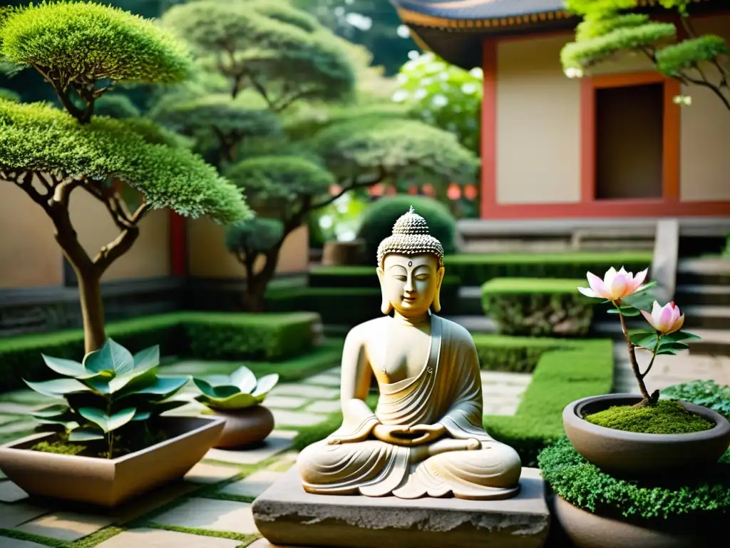 Un tranquilo patio de templo asiático con esculturas de Buda en cerámica, simbolismo en la cerámica asiática