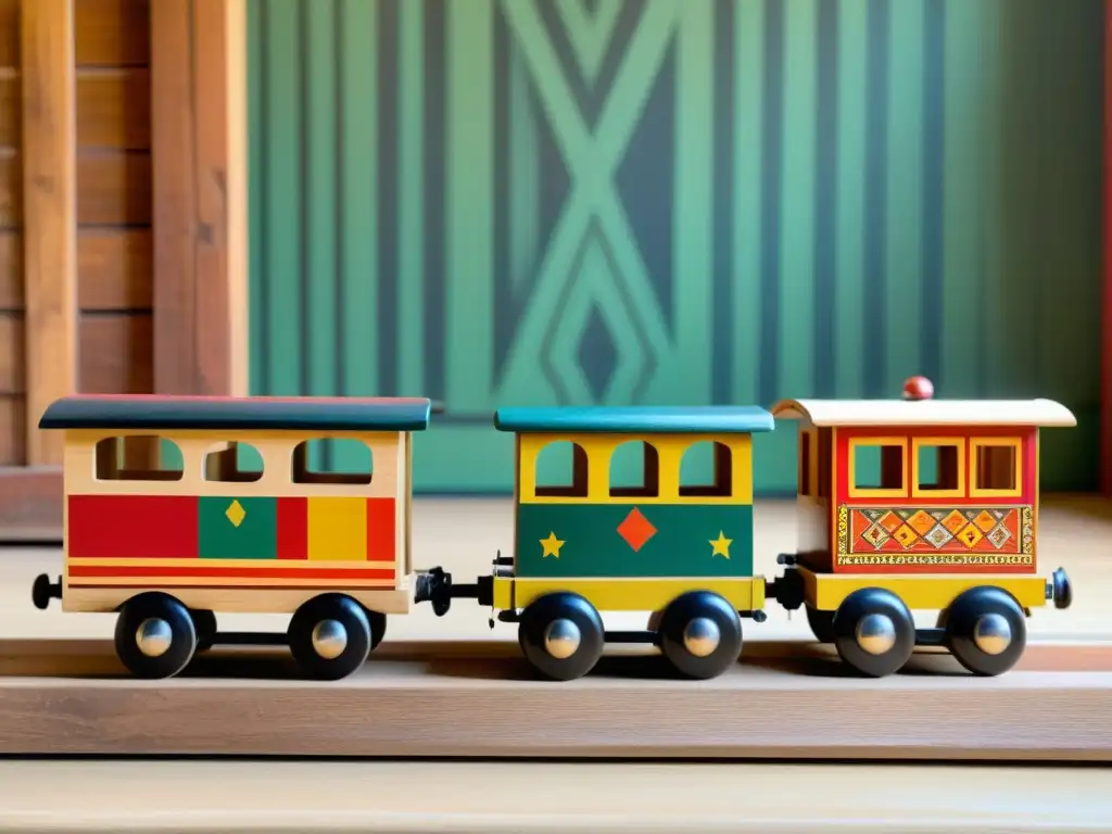 Tren de juguete de madera con patrones étnicos Un tren de juguete de madera vintage con diseños étnicos pintados en cada vagón, en una habitación rústica iluminada por luz natural