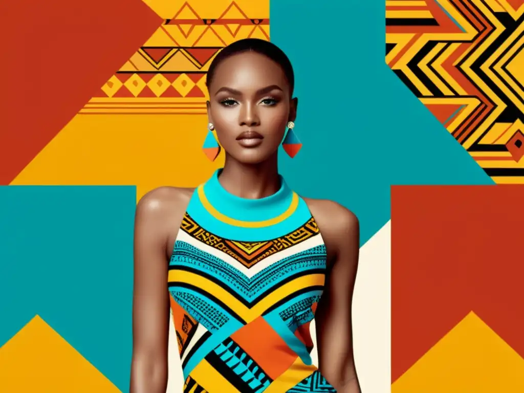 Diseño tribal patrones africanos: Ilustración de moda vintage con colores vibrantes, motivos africanos y una modelo elegante