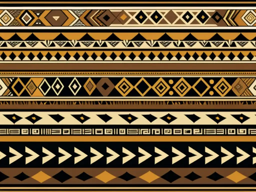 Diseño tribal patrones africanos: Ilustración vintage de motivos tribales africanos en tonos tierra, con diseños geométricos y símbolos tradicionales