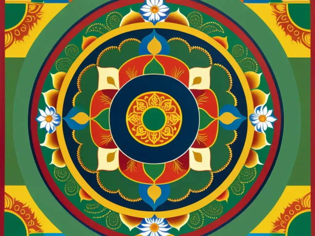 Una fotografía ultradetallada de un thangka tibetano tradicional, capturando el vibrante mandala con ricos patrones espirituales tibetanos