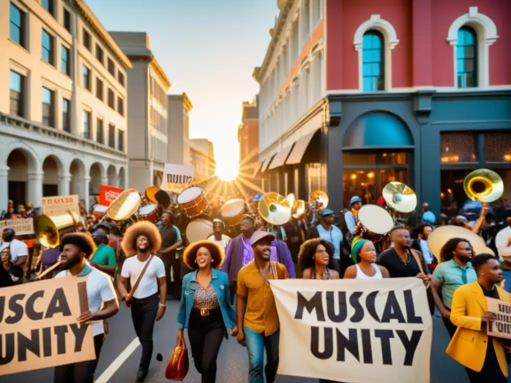 Unidos en la marcha, activistas llevan instrumentos musicales vintage y pancartas coloridas en una antigua ciudad