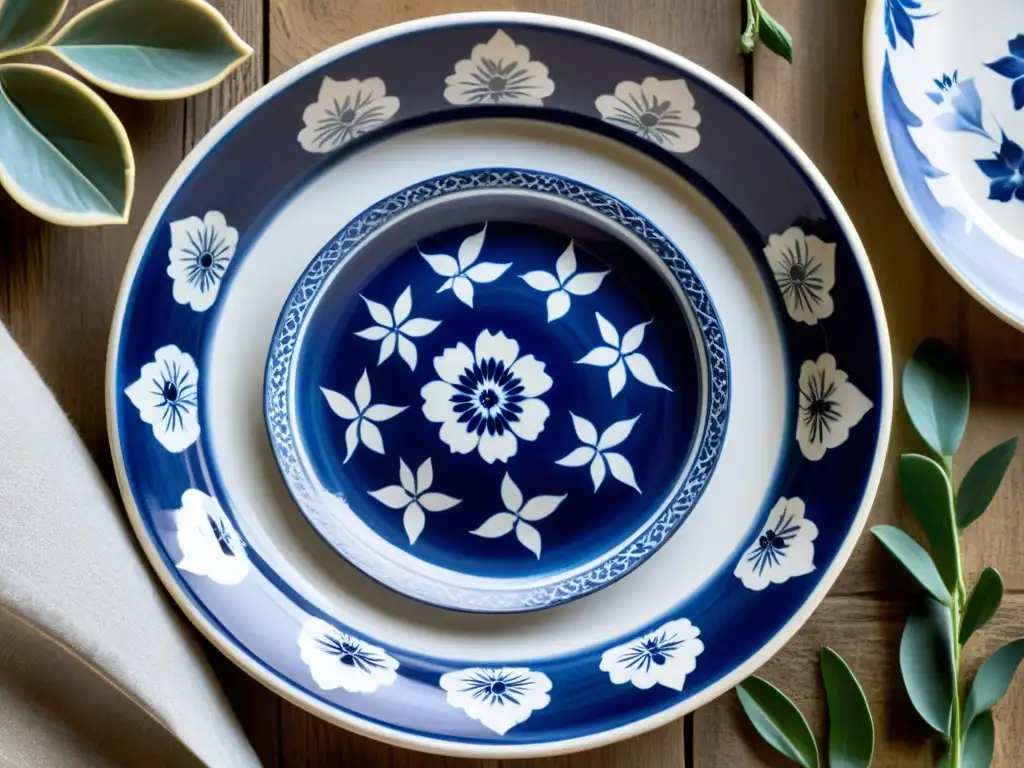 Plato de cerámica pintado a mano: detalle floral azul y blanco Una vajilla asiática contemporánea con patrones azules y blancos, pintada a mano, sobre una mesa de madera rústica