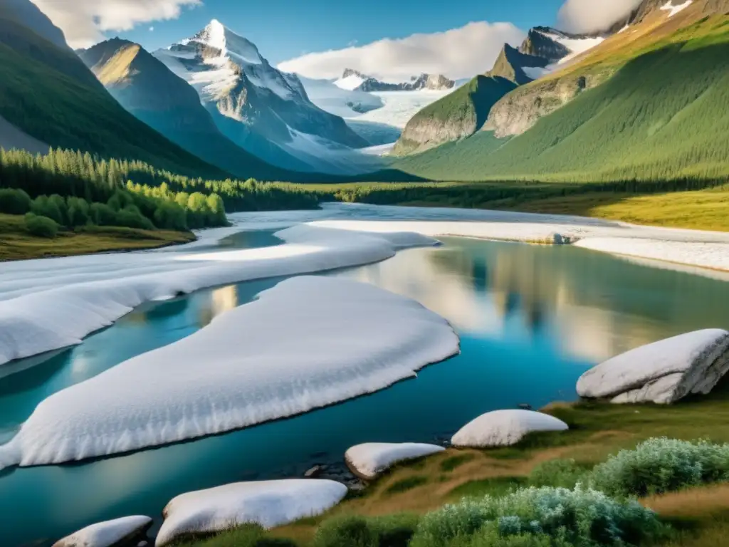 Un valle glacial majestuoso con montañas nevadas en un paisaje atemporal