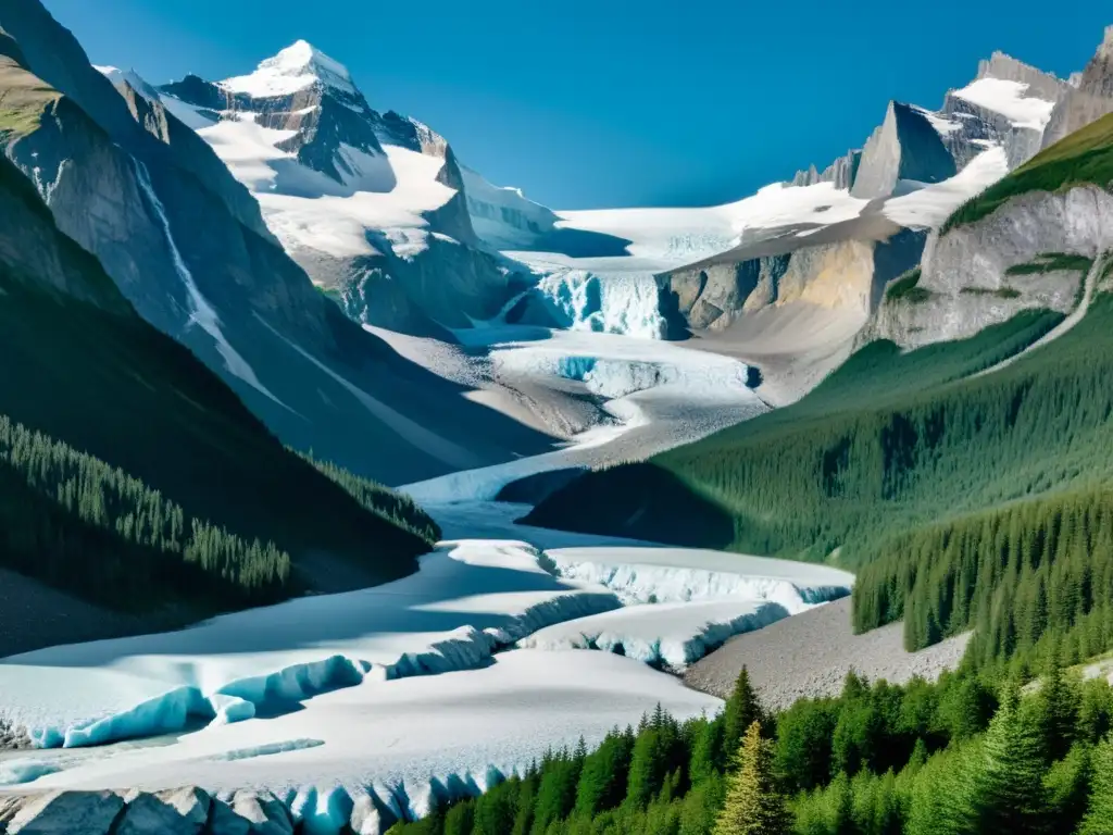 Formación de valles glaciares montañas: Un majestuoso glaciar serpentea entre picos nevados, creando una imagen de poder geológico y belleza atemporal