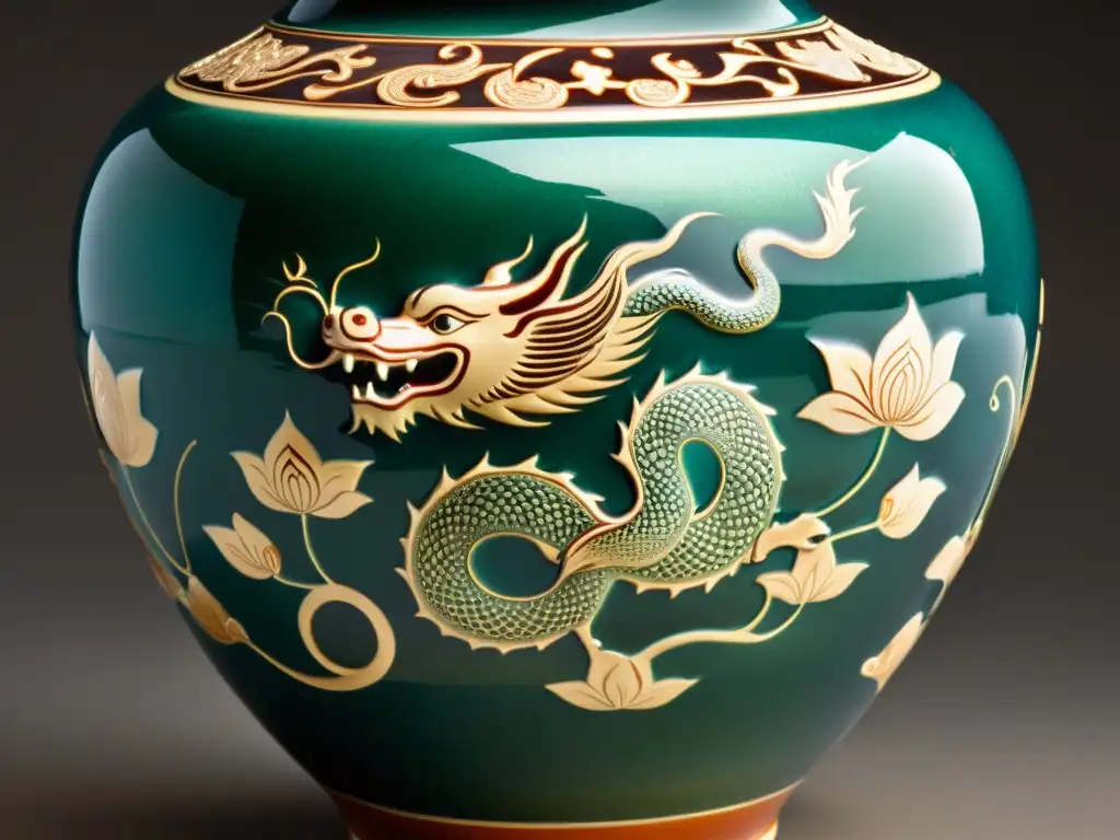 Una vasija cerámica asiática vintage, adornada con motivos simbólicos como dragones y flores de loto