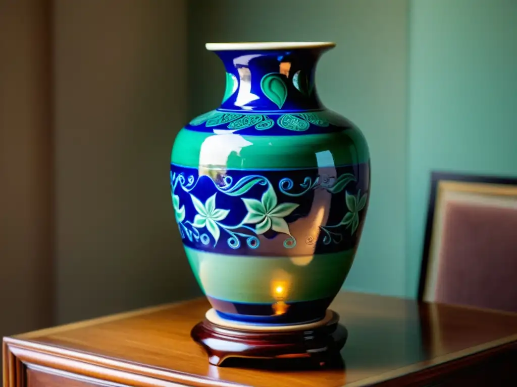Vaso de cerámica de la dinastía Tang: elegancia atemporal Una vasija de cerámica de la dinastía Tang, con patrones florales en tonos vibrantes de azul y verde, iluminada por una lámpara de aceite vintage